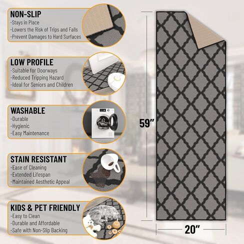 Machine Washable Moroccan Trellis Design Non-Slip Rubberback 2x5 Traditional Indoor Runner Rug for Hallway, Kitchen, Bedroom, Entryway, 20" x 59", Dark Gray in Saudi Arabia