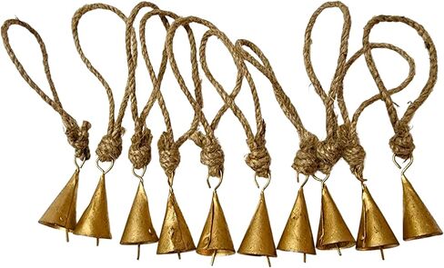 BELLUXE 4cm Small Vintage Rustic Lucky Tin Metal Cow Bells Handmade Christmas Décor Bells on Jute Rope (10, Cone) in Saudi Arabia