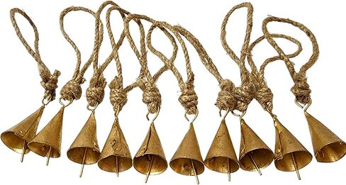 BELLUXE 4cm Small Vintage Rustic Lucky Tin Metal Cow Bells Handmade Christmas Décor Bells on Jute Rope (10, Cone) in Saudi Arabia