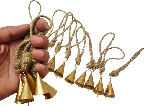 BELLUXE 4cm Small Vintage Rustic Lucky Tin Metal Cow Bells Handmade Christmas Décor Bells on Jute Rope (10, Cone) in Saudi Arabia