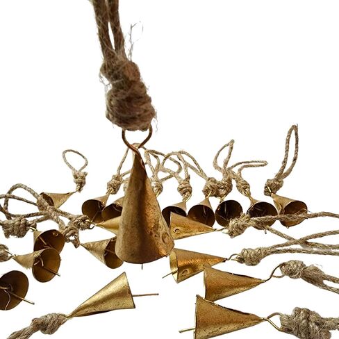 BELLUXE 4cm Small Vintage Rustic Lucky Tin Metal Cow Bells Handmade Christmas Décor Bells on Jute Rope (10, Cone) in Saudi Arabia