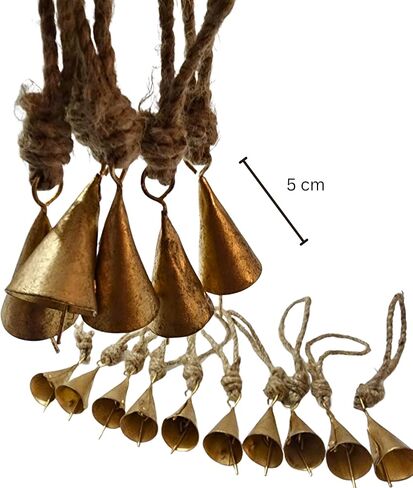 BELLUXE 4cm Small Vintage Rustic Lucky Tin Metal Cow Bells Handmade Christmas Décor Bells on Jute Rope (10, Cone) in Saudi Arabia