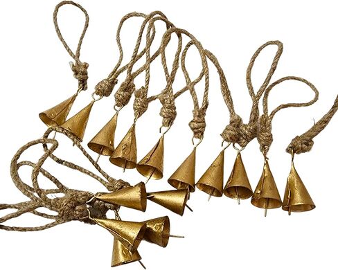 BELLUXE 4cm Small Vintage Rustic Lucky Tin Metal Cow Bells Handmade Christmas Décor Bells on Jute Rope (10, Cone) in Saudi Arabia