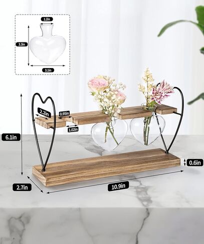 Sapowerntus Heart Propagation Stations, Cute Plant Terrarium Wooden Stand Love Glass Vase, Hydroponic Air Plants Desk Office Garden Valentines Gift Decor for Women Plant Lover, 3 Heart Vase in Kuwait
