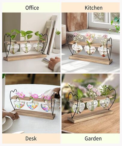 Sapowerntus Heart Propagation Stations, Cute Plant Terrarium Wooden Stand Love Glass Vase, Hydroponic Air Plants Desk Office Garden Valentines Gift Decor for Women Plant Lover, 3 Heart Vase in Kuwait