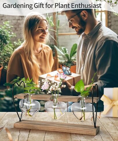 Sapowerntus Heart Propagation Stations, Cute Plant Terrarium Wooden Stand Love Glass Vase, Hydroponic Air Plants Desk Office Garden Valentines Gift Decor for Women Plant Lover, 3 Heart Vase in Kuwait