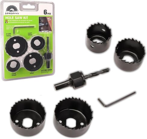 SAWSAVVY Hole Saw Kit for Wood, 6PCS Hole Saw Set with Arbor and Hex Key, Hole Saw for Wood Plywood PVC, 1-1/4" to 2-1/8" Hole Saw (32-54mm) in Kuwait