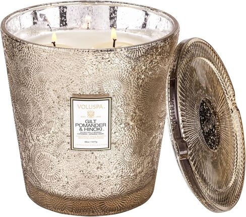 Voluspa Gilt Pomander & Hinoki Candle | 3 Wick Glass Hearth | 38 oz. | Coconut Wax and Natural Wicks for a Cleaner Burn | Vegan in Saudi Arabia