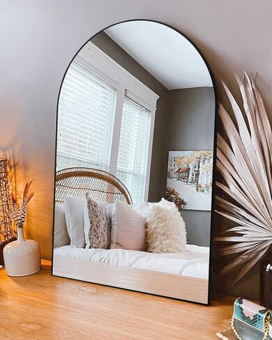 مرآة مثبتة على الحائط من ITSRG، مرآة حمام للجدار، مرآة قوس للحمام، مرآة للحمام مثبتة على الحائط، مرآة زينة سوداء مع إطار معدني لمدخل غرفة النوم وغرفة المعيشة (24 بوصة × 36 بوصة) in Kuwait