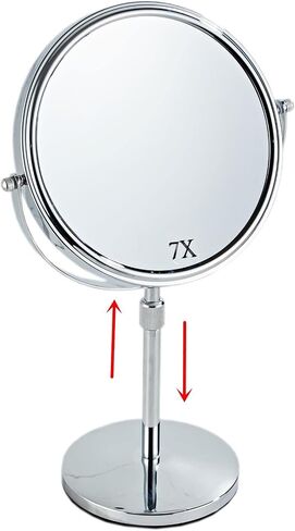 Tabletop Makeup Mirror 8 Inch Double-Sided 7X Magnification, Tabletop Mirror with Pedestal for Shaving, Height Adjustable Black Finish (8 Inch, 7X) (Black W Light) in Saudi Arabia