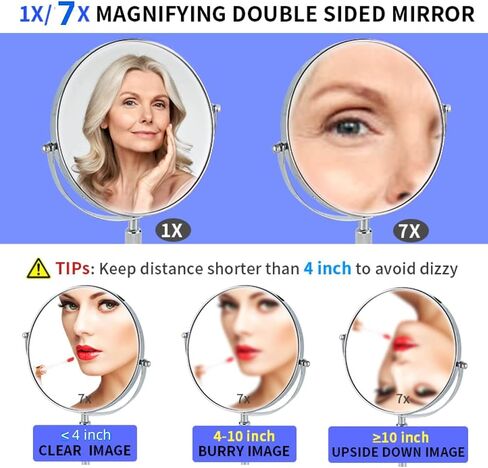 Tabletop Makeup Mirror 8 Inch Double-Sided 7X Magnification, Tabletop Mirror with Pedestal for Shaving, Height Adjustable Black Finish (8 Inch, 7X) (Black W Light) in Saudi Arabia