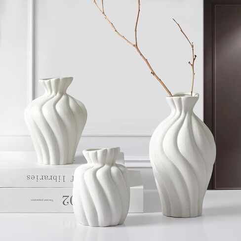 ComSaf White Ceramic Vase Set of 3 - Versatile Flower Vase Modern Vases for Room, Bathroom, Coffee Table, Dining Table, Bookshelf,Shelf Decor, Fireplace, Kitchen, Living Room, and Office in Saudi Arabia