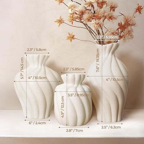 ComSaf White Ceramic Vase Set of 3 - Versatile Flower Vase Modern Vases for Room, Bathroom, Coffee Table, Dining Table, Bookshelf,Shelf Decor, Fireplace, Kitchen, Living Room, and Office in Saudi Arabia