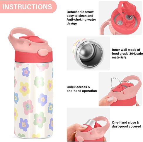 Butterfly Girls Water Bottle with Straw and Carry Handle Rainbow Cute Animals Vacuum Insulated Stainless Steel Bottles Leak-Proof for Boys Kids Toddler 12 oz Pink Lid in Saudi Arabia