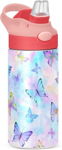 Butterfly Girls Water Bottle with Straw and Carry Handle Rainbow Cute Animals Vacuum Insulated Stainless Steel Bottles Leak-Proof for Boys Kids Toddler 12 oz Pink Lid in Saudi Arabia