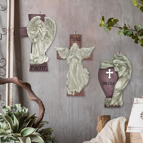 Yourongmao 3PC Metal Angel Cross Sign Wall Decor-Christmas decorations,Angel Cross Church Wall Decor,Antique Wall Art Religious Decor & Home Decor in Kuwait