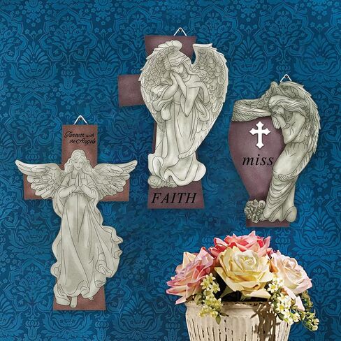 Yourongmao 3PC Metal Angel Cross Sign Wall Decor-Christmas decorations,Angel Cross Church Wall Decor,Antique Wall Art Religious Decor & Home Decor in Kuwait