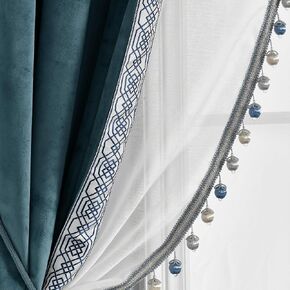 Lush Decor Luxury Vintage Velvet and Sheer with Border Pompom Trim Window Curtain (Single) Panel, 84" L x 42" W, Light Gray in Kuwait