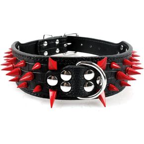 Sharp Spiked Studded Dog Collar - Stylish Leather Dog Collars - 2 Inch in Width Fit for Medium & Large Dogs - Such as Pitbull Mastiff - Black Rivets & Red Leather,17-20" in Kuwait