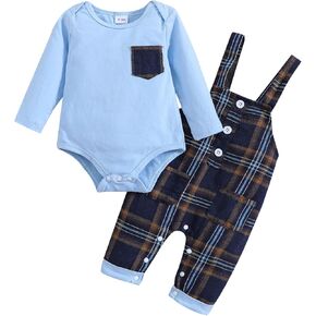 Haokaini ملابس الأطفال حديثي الولادة من Haokaini بأكمام طويلة بدلة شهم بلون واحد رومبير علوي منقوشة ملابس الحمالات والسراويل in Kuwait