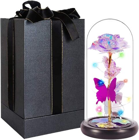 MOSKILA Galaxy Glass Rose Flower, Romantic LED Light Sweet Gifts - Her, Women, Girlfriend, Mom, Wife, Galaxy Enchanted Colorful Rose in Glass Dome - Valentines, Birthday, Christmas, Anniversary in Kuwait