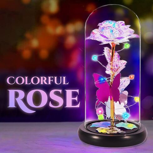 MOSKILA Galaxy Glass Rose Flower, Romantic LED Light Sweet Gifts - Her, Women, Girlfriend, Mom, Wife, Galaxy Enchanted Colorful Rose in Glass Dome - Valentines, Birthday, Christmas, Anniversary in Kuwait