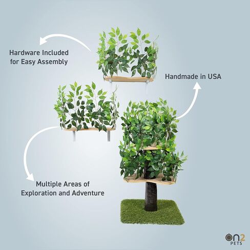 مجموعة شجرة أنشطة القطط بأوراق الشجر من On2 Pets وبيت القطط وشقة القطط مع مجموعة من رفين للقطط مثبتين على الحائط، صنع في الولايات المتحدة الأمريكية (شجرة قطط متوسطة بمستويين) in Kuwait