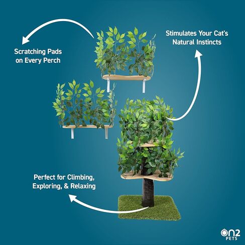 مجموعة شجرة أنشطة القطط بأوراق الشجر من On2 Pets وبيت القطط وشقة القطط مع مجموعة من رفين للقطط مثبتين على الحائط، صنع في الولايات المتحدة الأمريكية (شجرة قطط متوسطة بمستويين) in Kuwait