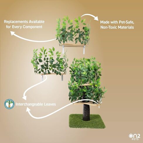 مجموعة شجرة أنشطة القطط بأوراق الشجر من On2 Pets وبيت القطط وشقة القطط مع مجموعة من رفين للقطط مثبتين على الحائط، صنع في الولايات المتحدة الأمريكية (شجرة قطط متوسطة بمستويين) in Kuwait