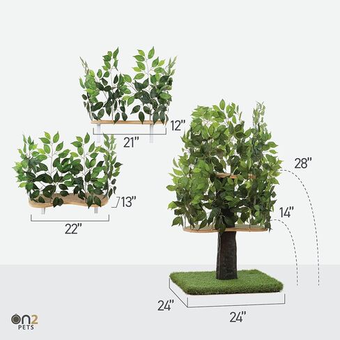 مجموعة شجرة أنشطة القطط بأوراق الشجر من On2 Pets وبيت القطط وشقة القطط مع مجموعة من رفين للقطط مثبتين على الحائط، صنع في الولايات المتحدة الأمريكية (شجرة قطط متوسطة بمستويين) in Kuwait