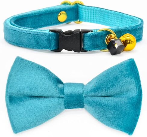 قوس ياقات القطط من Kamercy، طوق القطط المخملي باللون الأزرق الداكن، قوس ياقات القطط مع السحر والجرس، طوق القطط الآمن المنفصل in Kuwait