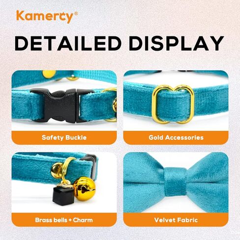 قوس ياقات القطط من Kamercy، طوق القطط المخملي باللون الأزرق الداكن، قوس ياقات القطط مع السحر والجرس، طوق القطط الآمن المنفصل in Kuwait