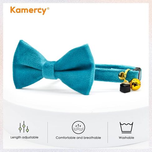 قوس ياقات القطط من Kamercy، طوق القطط المخملي باللون الأزرق الداكن، قوس ياقات القطط مع السحر والجرس، طوق القطط الآمن المنفصل in Kuwait