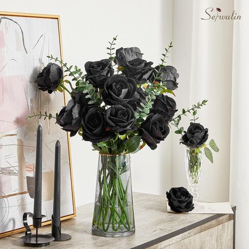 Serwalin 𝟮𝟬𝗽𝗰𝘀 Artificial Silk Roses, Red 𝗩𝗲𝗹𝘃𝗲𝘁 Realistic Roses, Fake Roses Real Touch Bouquet Long Stem for Valentine’s Day Home Decor Wedding and Table Centerpiece in Kuwait