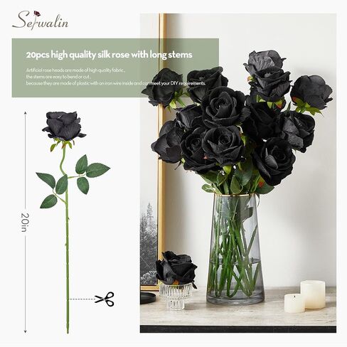 Serwalin 𝟮𝟬𝗽𝗰𝘀 Artificial Silk Roses, Red 𝗩𝗲𝗹𝘃𝗲𝘁 Realistic Roses, Fake Roses Real Touch Bouquet Long Stem for Valentine’s Day Home Decor Wedding and Table Centerpiece in Kuwait