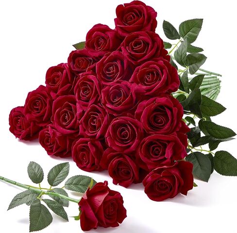 Serwalin 𝟮𝟬𝗽𝗰𝘀 Artificial Silk Roses, Red 𝗩𝗲𝗹𝘃𝗲𝘁 Realistic Roses, Fake Roses Real Touch Bouquet Long Stem for Valentine’s Day Home Decor Wedding and Table Centerpiece in Kuwait
