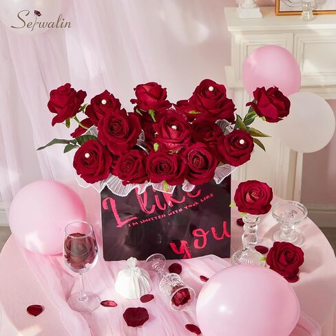 Serwalin 𝟮𝟬𝗽𝗰𝘀 Artificial Silk Roses, Red 𝗩𝗲𝗹𝘃𝗲𝘁 Realistic Roses, Fake Roses Real Touch Bouquet Long Stem for Valentine’s Day Home Decor Wedding and Table Centerpiece in Kuwait