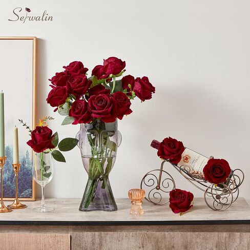 Serwalin 𝟮𝟬𝗽𝗰𝘀 Artificial Silk Roses, Red 𝗩𝗲𝗹𝘃𝗲𝘁 Realistic Roses, Fake Roses Real Touch Bouquet Long Stem for Valentine’s Day Home Decor Wedding and Table Centerpiece in Kuwait