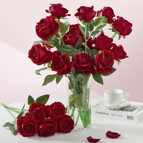 Serwalin 𝟮𝟬𝗽𝗰𝘀 Artificial Silk Roses, Red 𝗩𝗲𝗹𝘃𝗲𝘁 Realistic Roses, Fake Roses Real Touch Bouquet Long Stem for Valentine’s Day Home Decor Wedding and Table Centerpiece in Kuwait