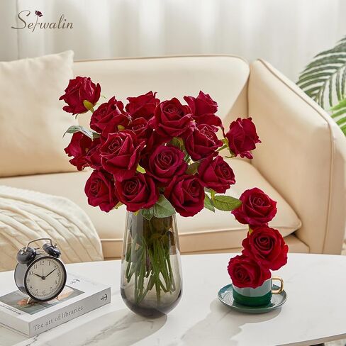 Serwalin 𝟮𝟬𝗽𝗰𝘀 Artificial Silk Roses, Red 𝗩𝗲𝗹𝘃𝗲𝘁 Realistic Roses, Fake Roses Real Touch Bouquet Long Stem for Valentine’s Day Home Decor Wedding and Table Centerpiece in Kuwait