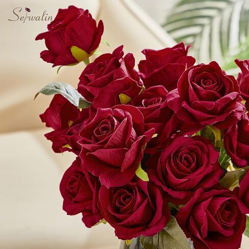 Serwalin 𝟮𝟬𝗽𝗰𝘀 Artificial Silk Roses, Red 𝗩𝗲𝗹𝘃𝗲𝘁 Realistic Roses, Fake Roses Real Touch Bouquet Long Stem for Valentine’s Day Home Decor Wedding and Table Centerpiece in Kuwait