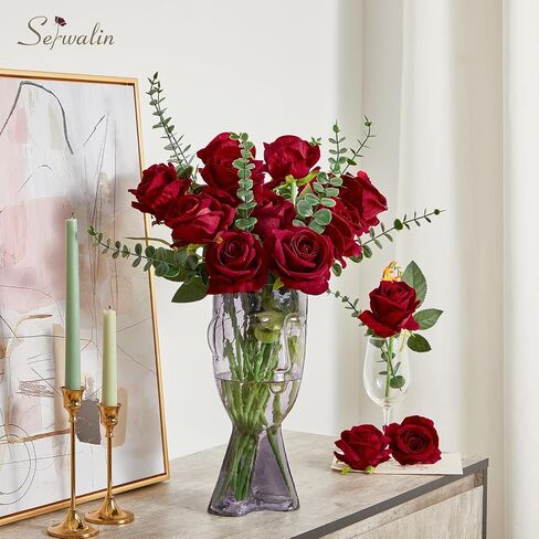 Serwalin 𝟮𝟬𝗽𝗰𝘀 Artificial Silk Roses, Red 𝗩𝗲𝗹𝘃𝗲𝘁 Realistic Roses, Fake Roses Real Touch Bouquet Long Stem for Valentine’s Day Home Decor Wedding and Table Centerpiece in Kuwait