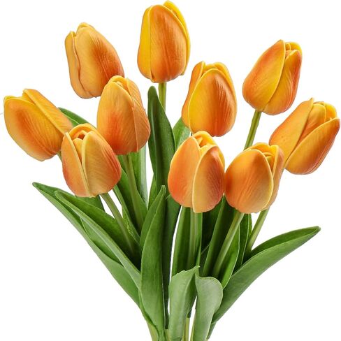 10 Pcs Orange Tulips Artificial Flowers Real Touch Fake Tulips Fake Flowers for Mother's Day 13.5" Faux Tulips Faux Flowers Bulk Artificial Tulips Flowers for Vase Centerpieces Home Wedding Bouquet in Kuwait