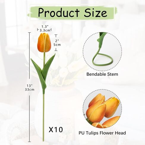 10 Pcs Orange Tulips Artificial Flowers Real Touch Fake Tulips Fake Flowers for Mother's Day 13.5" Faux Tulips Faux Flowers Bulk Artificial Tulips Flowers for Vase Centerpieces Home Wedding Bouquet in Kuwait