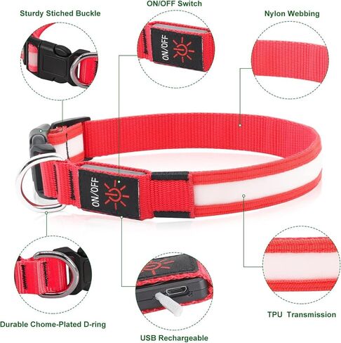 أطواق الكلاب المضيئة DQGHQME، طوق الكلب LED القابل لإعادة الشحن عبر USB، طوق الكلب المضاء الآمن للكلاب الصغيرة والمتوسطة والكبيرة، أضواء وامضة للكلاب التي تمشي في الليل، تتوهج في الظلام، أطواق الكلاب للتخييم. in Kuwait