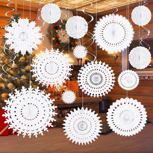 20 Pcs White Paper Snowflake Decorations Christmas Snowflake Hanging Swirl Decorations Tissue Poms and Fans Hanging Ceiling Decor for Winter Party Birthday Wonderland Xmas Holiday Supplies in Saudi Arabia