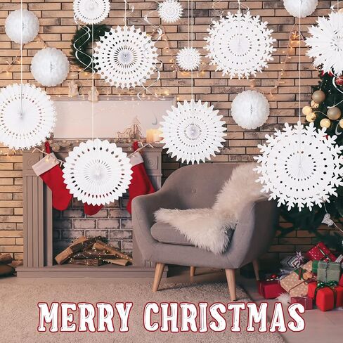 20 Pcs White Paper Snowflake Decorations Christmas Snowflake Hanging Swirl Decorations Tissue Poms and Fans Hanging Ceiling Decor for Winter Party Birthday Wonderland Xmas Holiday Supplies in Saudi Arabia