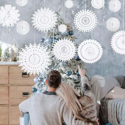 20 Pcs White Paper Snowflake Decorations Christmas Snowflake Hanging Swirl Decorations Tissue Poms and Fans Hanging Ceiling Decor for Winter Party Birthday Wonderland Xmas Holiday Supplies in Saudi Arabia