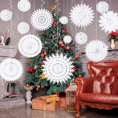 20 Pcs White Paper Snowflake Decorations Christmas Snowflake Hanging Swirl Decorations Tissue Poms and Fans Hanging Ceiling Decor for Winter Party Birthday Wonderland Xmas Holiday Supplies in Saudi Arabia