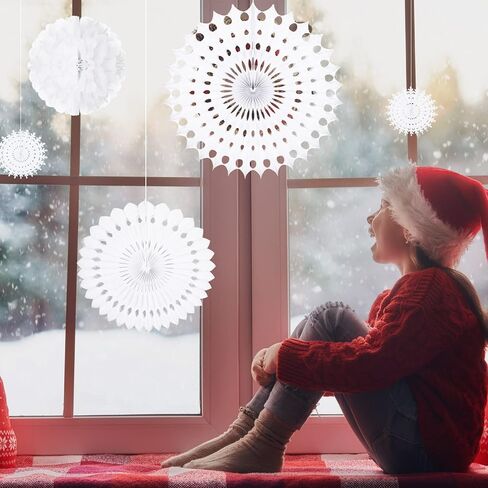 20 Pcs White Paper Snowflake Decorations Christmas Snowflake Hanging Swirl Decorations Tissue Poms and Fans Hanging Ceiling Decor for Winter Party Birthday Wonderland Xmas Holiday Supplies in Saudi Arabia